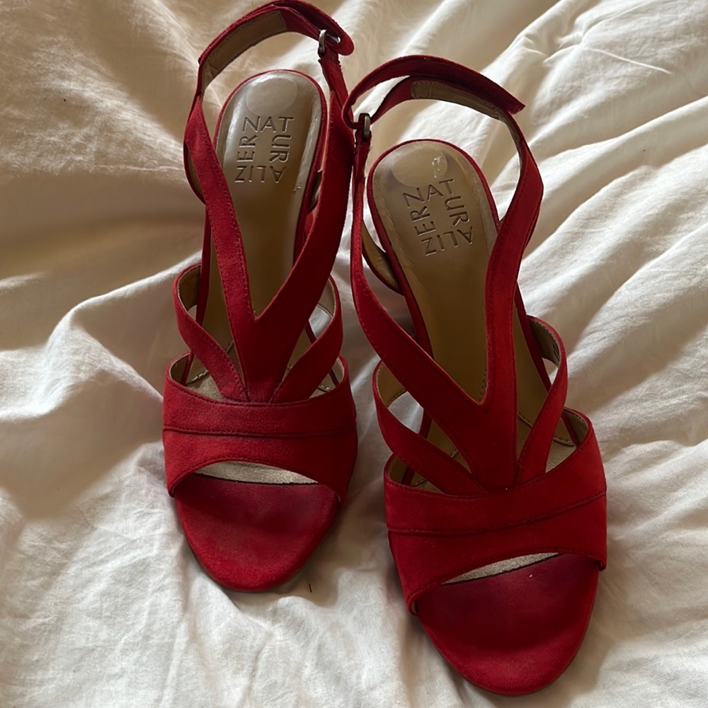 Red suede platform sandals